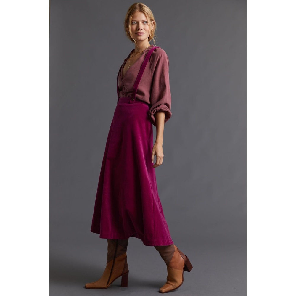 NEW Anthropologie Corduroy Pinafore Midi Skirt Suspenders